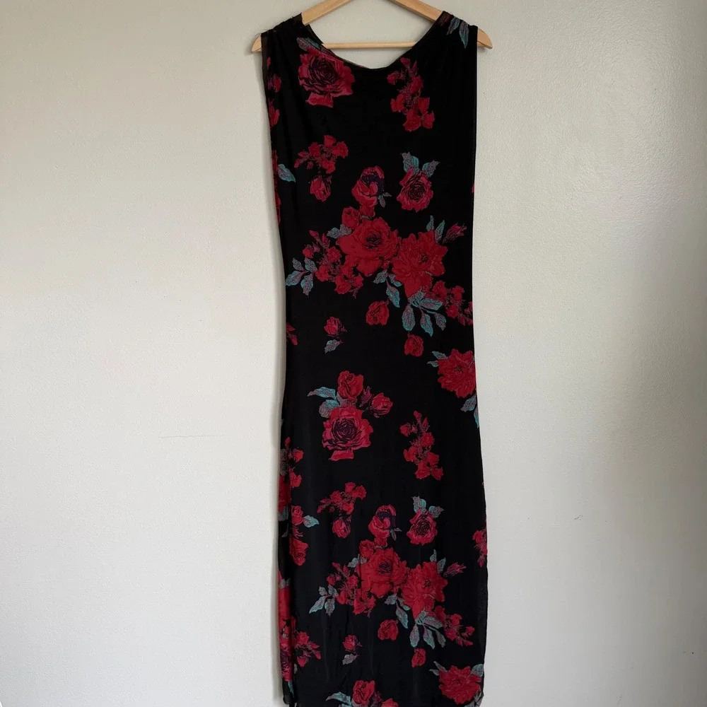 Free People Floral Mesh Maxi Dress Black Red Sleeveless XL‎ Stretch Sexy Cowl